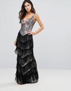 City Goddess Lace Maxi Dress With Fringed Detail - Black