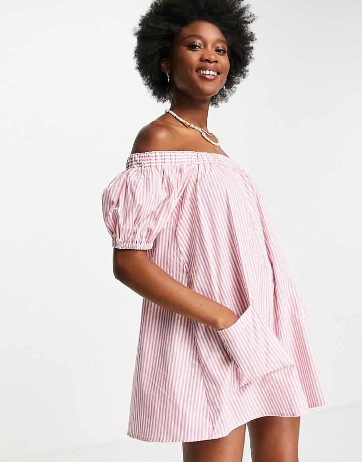 Asos Design Off Shoulder Button Through Swing Romper In Pink Stripe-multi