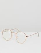 Asos Design Metal Round Glasses With Clear Lens In Gold - Gold
