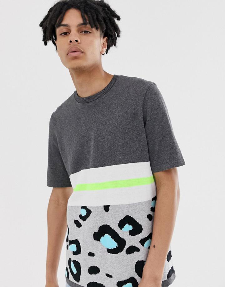 Asos Design Knitted T-shirt In Color Blocked Animal-gray