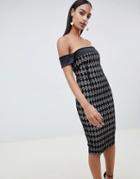 Vesper Grid Print Off The Shoulder Pencil Dress-black