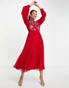 Asos Design High Neck Pleated Long Sleeve Skater Midi Dress With Embroidery In Deep Red