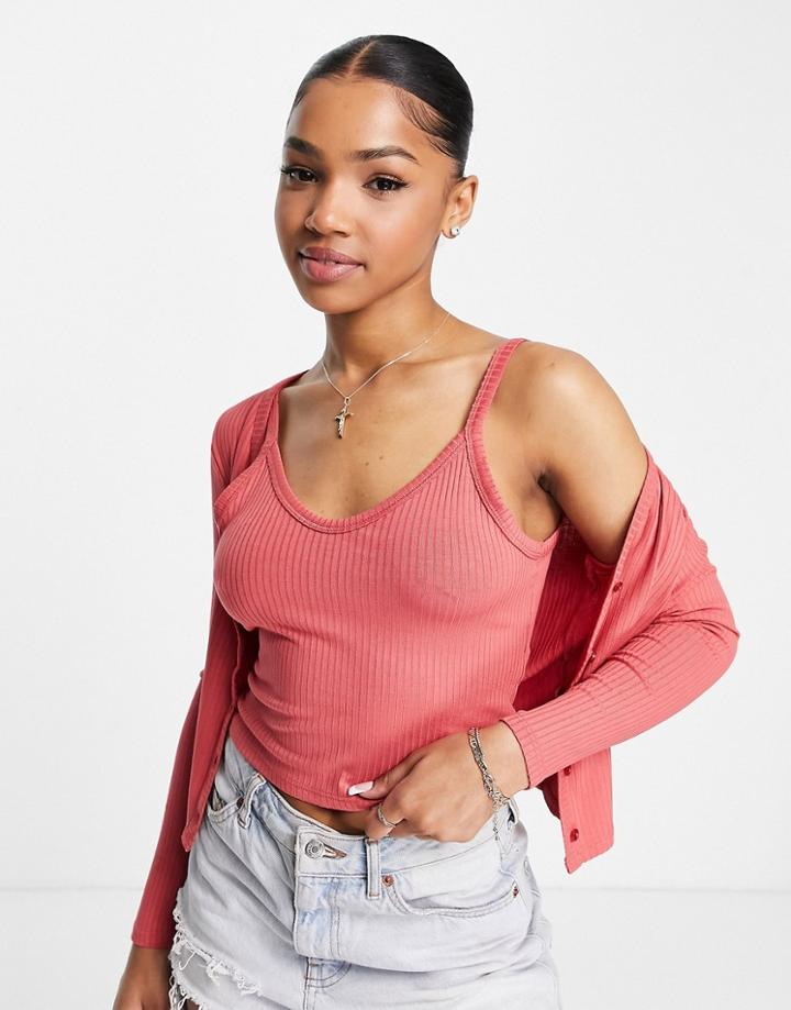 Miss Selfridge Two-piece Ribbed Cardigan And Cami Set In Clay-multi