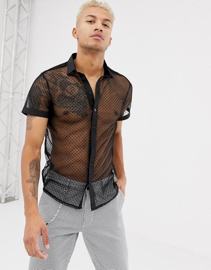 Boohooman Regular Fit Sheer Shirt In Black Polka Dot - Black