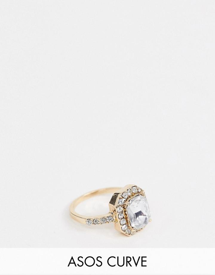 Asos Design Curve Ring With Square Jewel And Crystal Band In Rose Gold - Gold