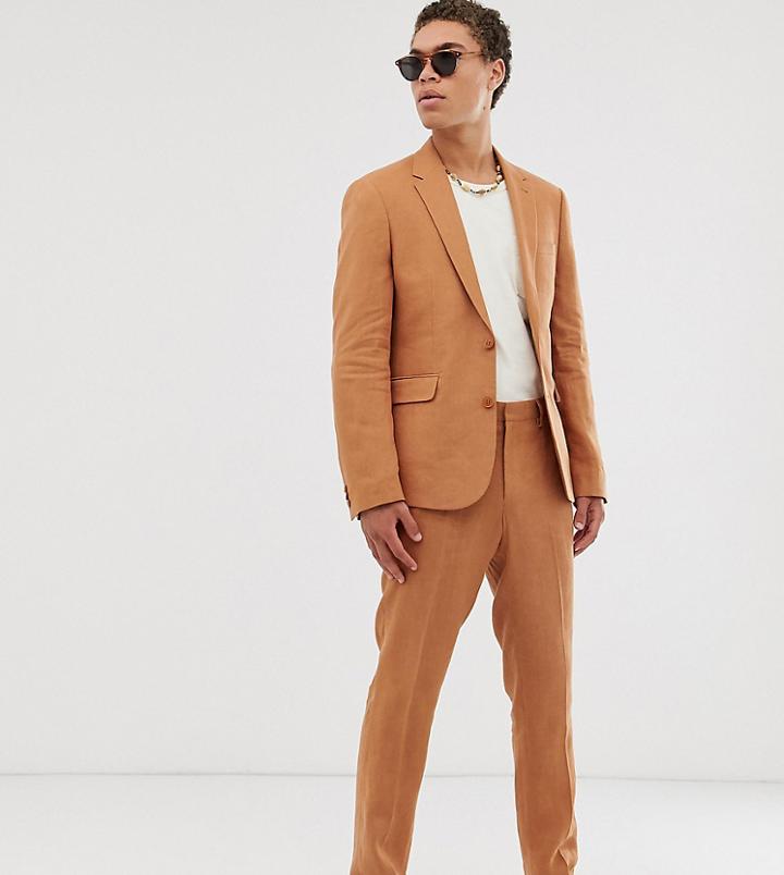 Noak Slim Fit Suit Jacket In Camel Linen-blue
