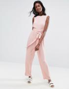 Asos Jumpsuit In Crinkle With Waist Wrap Tie - Pink