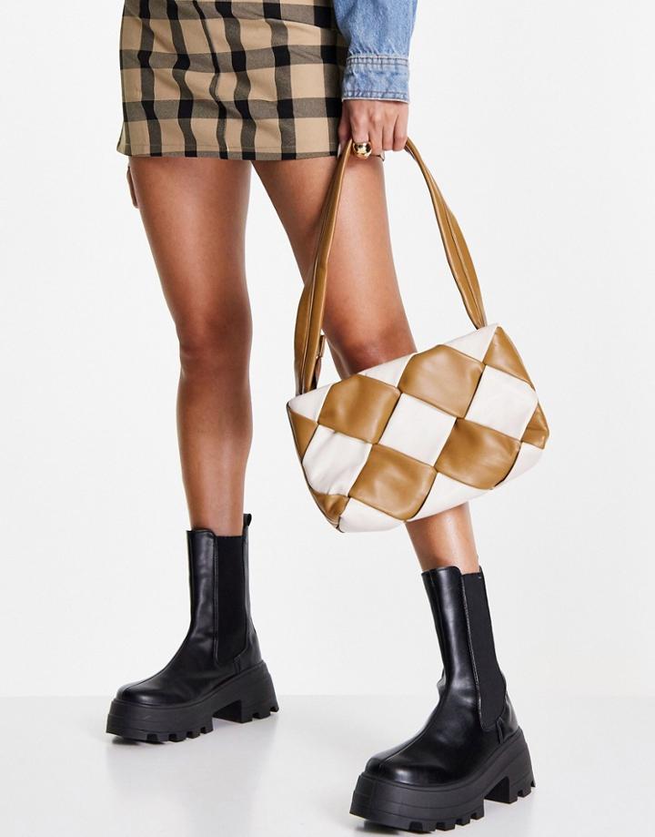 Asos Design Shoulder Bag With Padded Weave In Tan And Stone Mix-brown