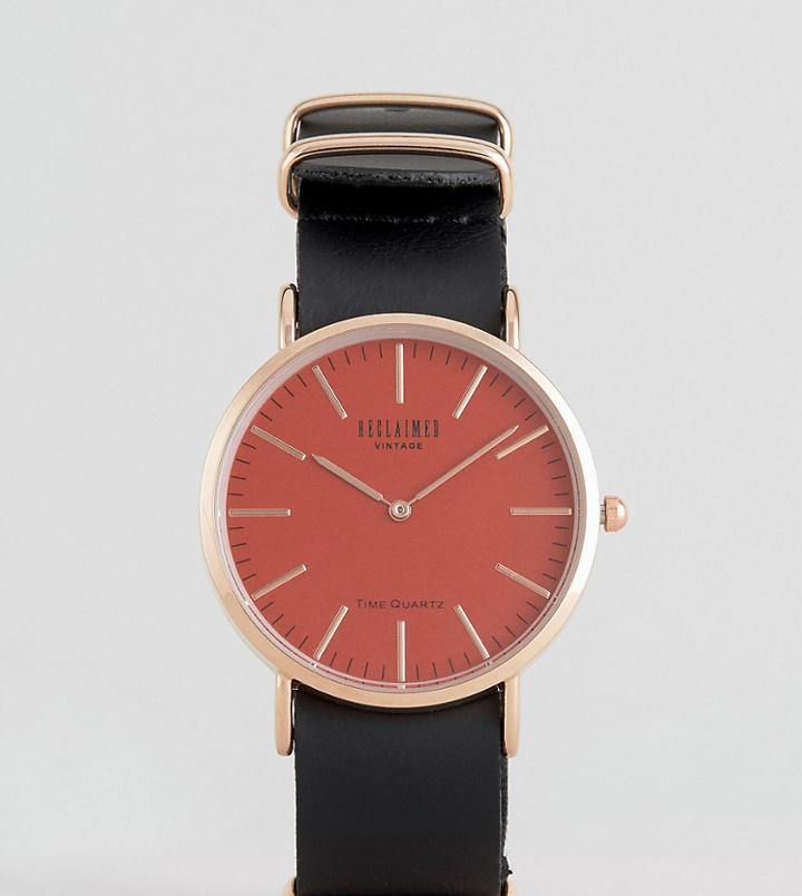 Reclaimed Vintage Inspired Leather Watch With Pink Dial - Black