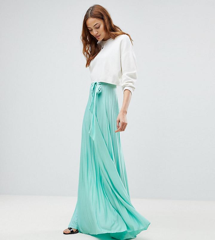 Asos Tall Pleated Maxi Skirt With Belt - Green