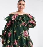 Asos Design Curve Exclusive Off Shoulder Mini Dress With Ruffle Detail In Ditsy Floral-multi