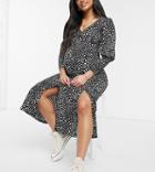 Topshop Maternity Plunge Neck Midi Dress With Puff Sleeves In Black Polka Dot