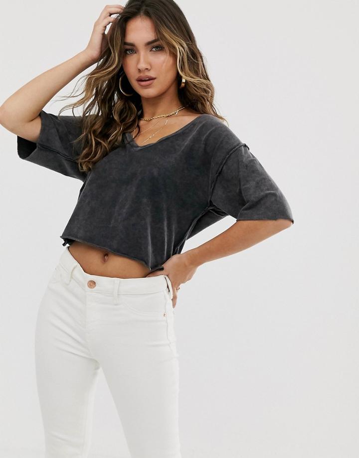 Asos Design T-shirt With Raw Seam And V-neck In Washed Charcoal-black