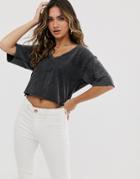 Asos Design T-shirt With Raw Seam And V-neck In Washed Charcoal-black