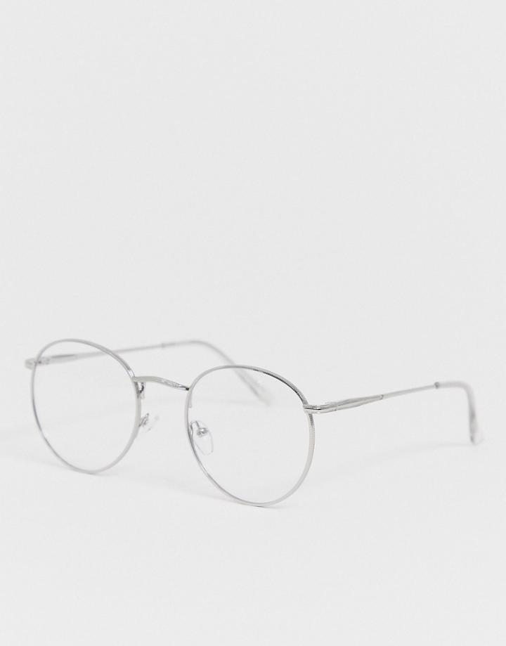 Asos Design Metal Round Clear Lens Glasses In Silver