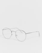 Asos Design Metal Round Clear Lens Glasses In Silver