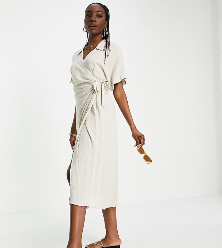 Asos Design Tall Linen Wrap Midi Dress In Natural-white