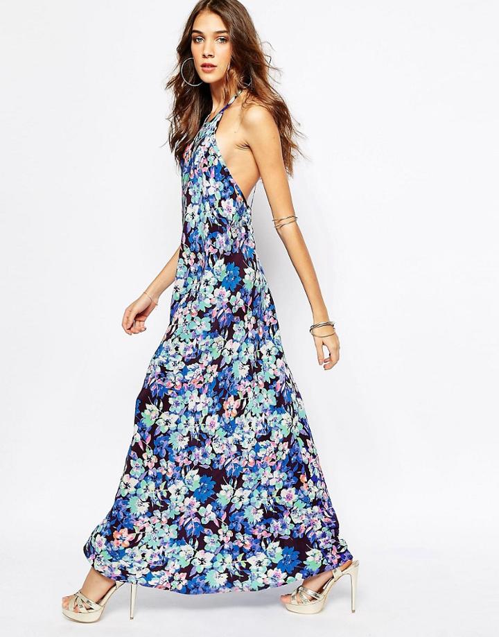 Yumi Kim Silk Halterneck Maxi Dress In Floral Sleeping Beauty Mirror Print - Multi