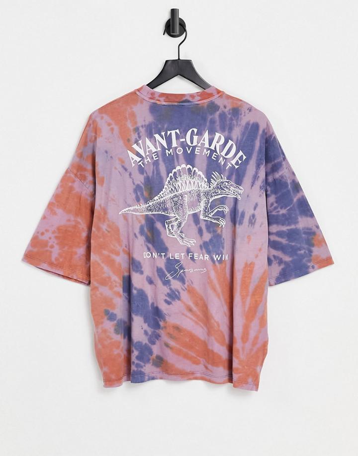 Asos Design Oversized T-shirt In Tie Dye Organic Cotton With Dinosaur Back Print-multi