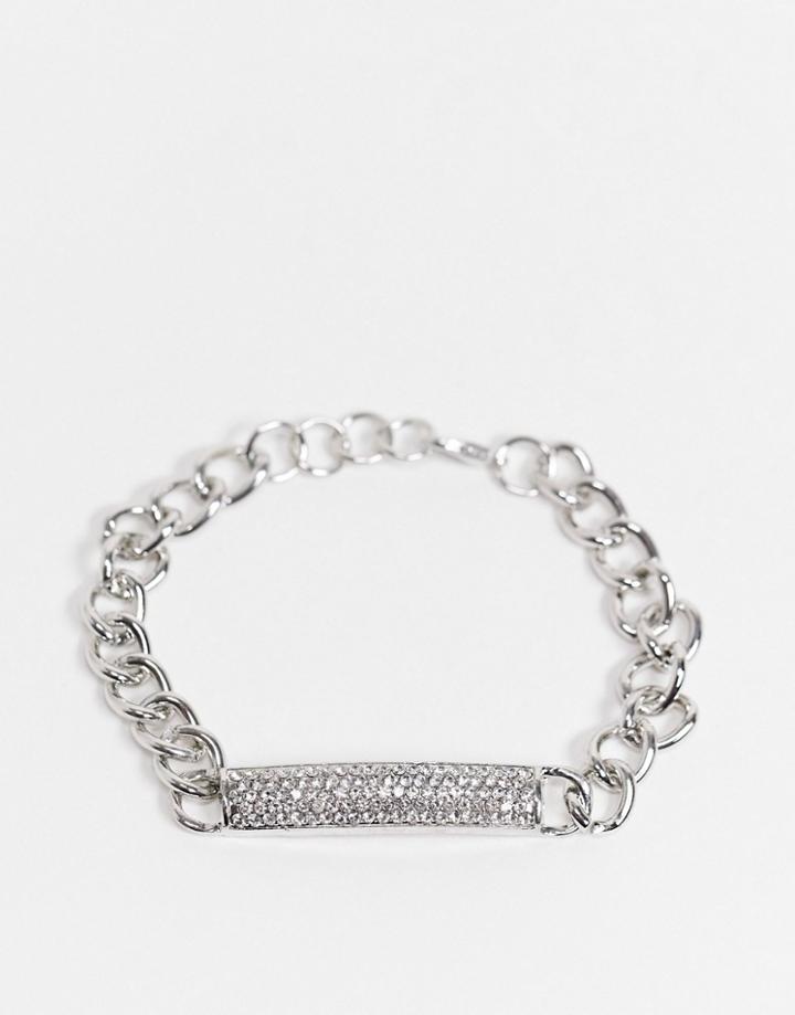 Ego Chunky Chain Bracelet With Diamante Id Tag In Silver