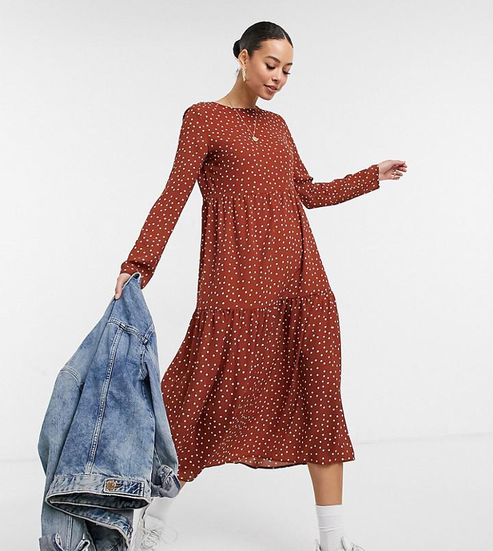 Asos Design Tall Long Sleeve Tiered Smock Midi Dress In Rust Spot-multi