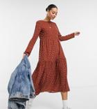Asos Design Tall Long Sleeve Tiered Smock Midi Dress In Rust Spot-multi