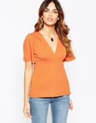 Asos Top In Crepe With V Neck And 70s Sleeve - Rust