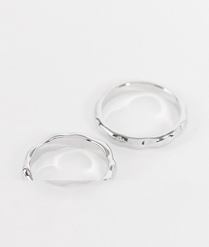 Asos Design Pack Of 2 Rings In Melted Design In Silver Tone