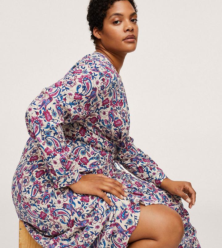 Mango Curve Vintage Floral V Neck Midi Dress In Multi
