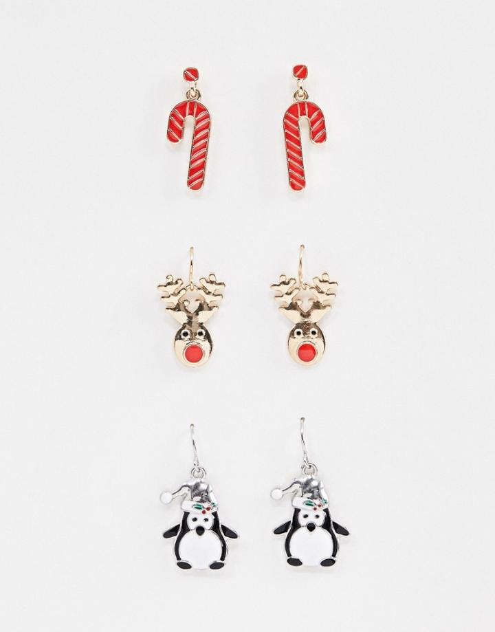 Asos Design Holidays Earrings Pack Of 3 - Multi