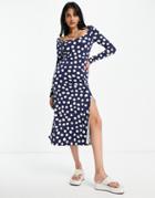 Asos Design Sweetheart Neck Ribbed Midi Dress With Long Sleeves In Spot Print-multi