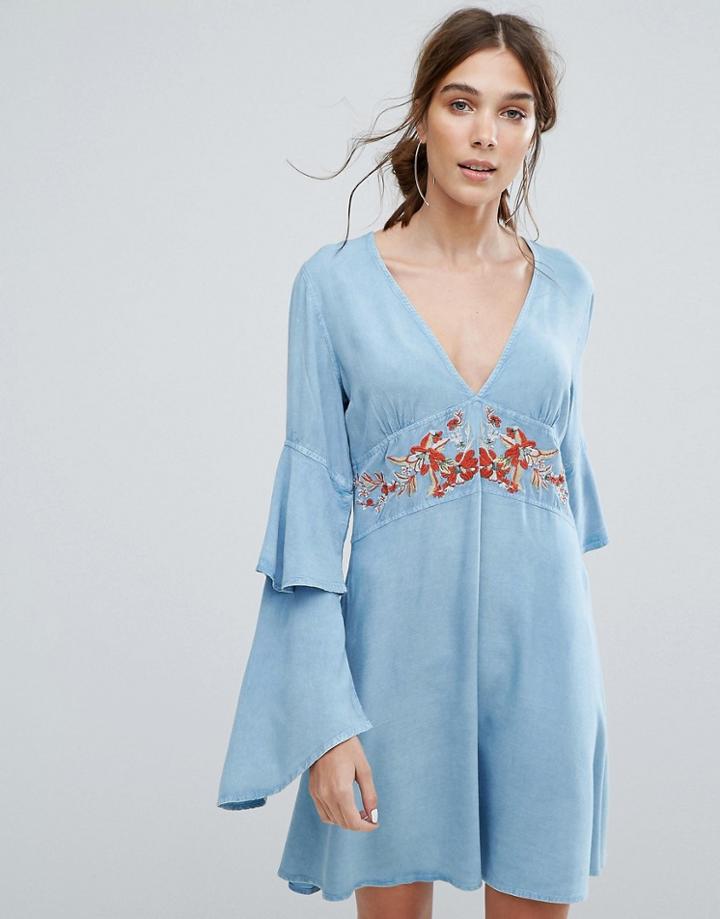 Neon Rose V-neck Tea Dress With Ruffle Layer Sleeves And Floral Embroidery - Blue