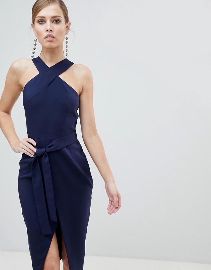 Lavish Alice Cross Front Midi Dress With Wrap Skirt And Tie Waist - Navy
