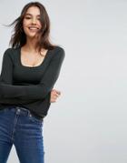 Asos Sweater In Rib With Scoop Neck And Fluted Sleeves - Green