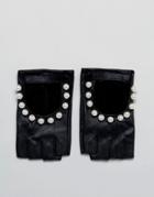 Asos Leather Gloves With Pearls - Black