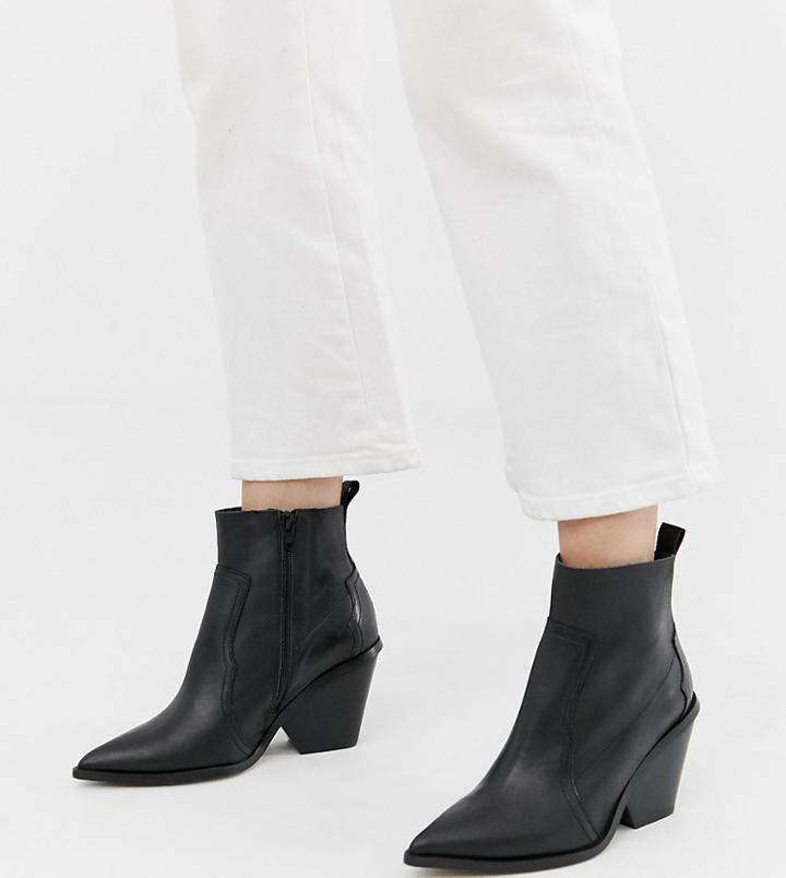 River Island Leather Western Boots With Chunky Heel In Black - Black