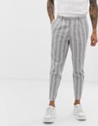 Asos Design Skinny Crop Smart Pants In Gray Linen Stripe - Gray