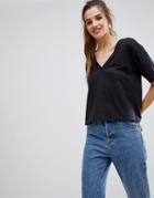 Asos T-shirt With V-neck In Linen Mix - Black