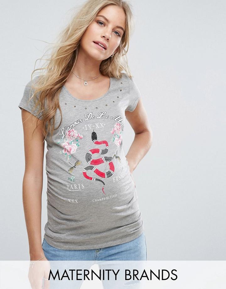 New Look Maternity Snake Floral Stud Boyfriend T-shirt - Gray