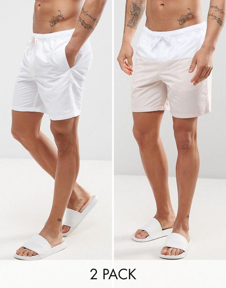 Asos Swim Shorts 2 Pack In Pink & White In Mid Length Save - Multi