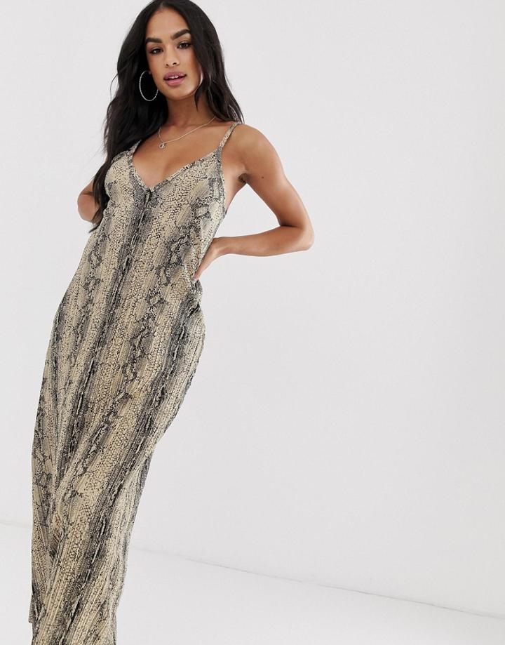 Asos Design Plisse Plunge Cami Maxi Dress In Snake Print - Multi