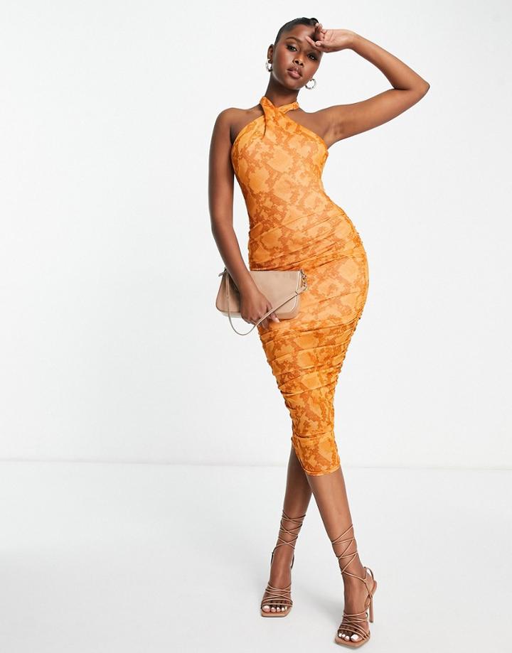 Asos Design Tie Neck Halter Open Back Midi Body-conscious Dress In Rust Snake Print-multi