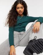 Asos Design Rib Cardigan Top With Buttons In Forest Green