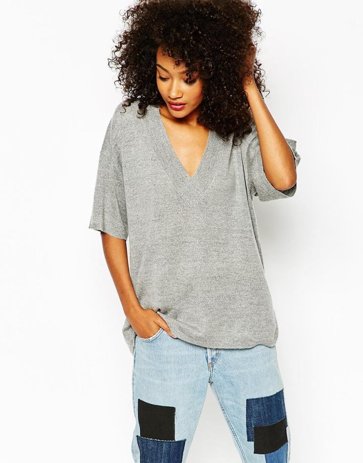 Monki Knitted Plunge Neck Tunic - Gray