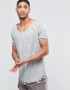 Asos Super Longline T-shirt With Triangle Print And Heavy Distressed Hem And Sleeve - Gray Marl