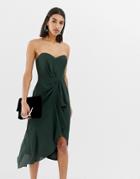 Asos Design Structured Bandeau Midi Dress With Drape Front - Green