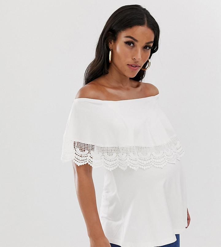 Asos Design Maternity Nursing Bardot Top With Crochet Trim-cream