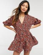 Asos Design Tiered Smock Romper In Red Floral-multi