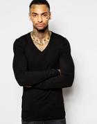 Asos Extreme Muscle Long Sleeve T-shirt With V Neck In Black - Black
