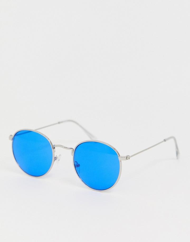 Asos Design Metal Round Sunglasses In Silver With Blue Lens - Silver